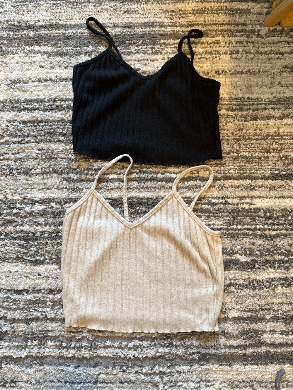 SHEIN Black & Cream Ribbed V-Neck Spaghetti Strap Crop Tops